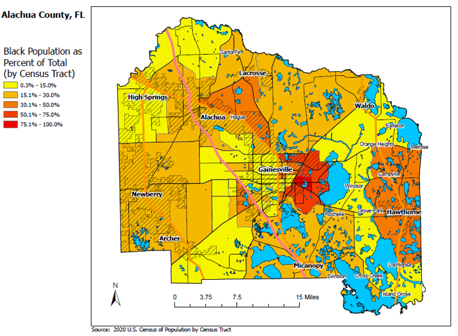 Map of black population of Alachua County FL