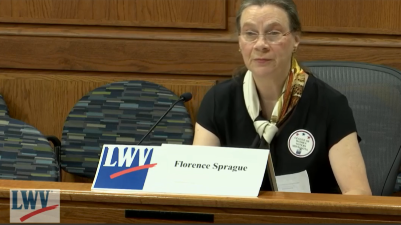 LWV member Florence Spragg moderating forum
