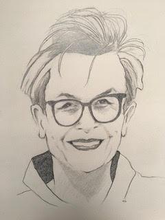 black and white pencil drawing of a woman's head with short hair and glasses