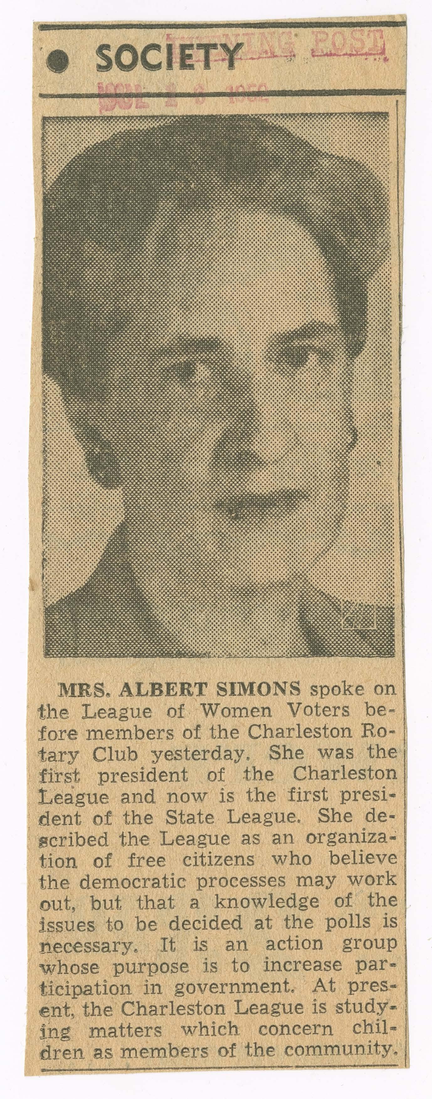 Harriet Simons was president for the revival of LWVSC