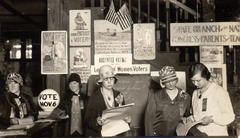 Historical Image of LWV members with voting signs and materials