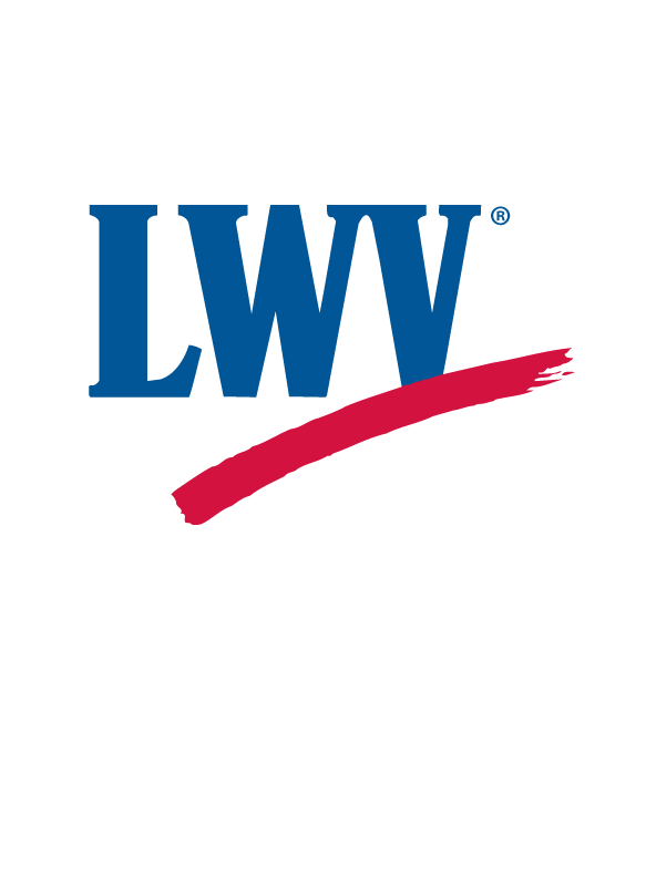 LWV stands for the League of Women Voters The League of Women Voters logo, LWV with a red swish underneath