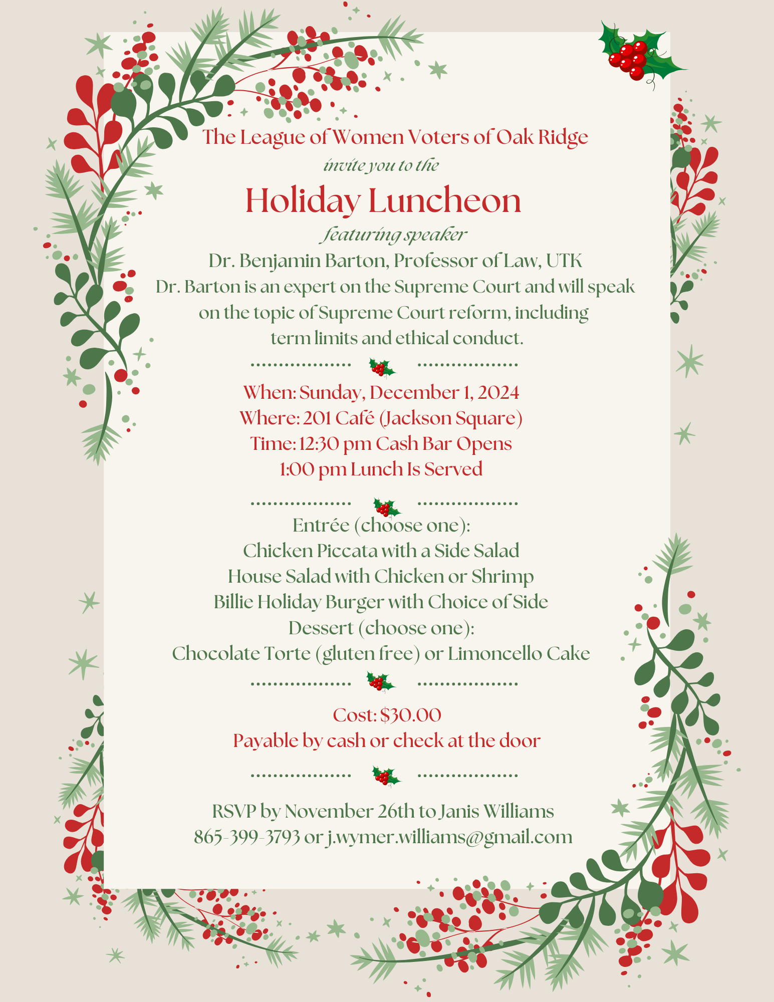Invitation to the 2024 LWVOR Holiday Luncheon