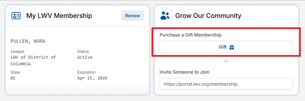 Screenshot of membership portal page showing how to give a gift membership