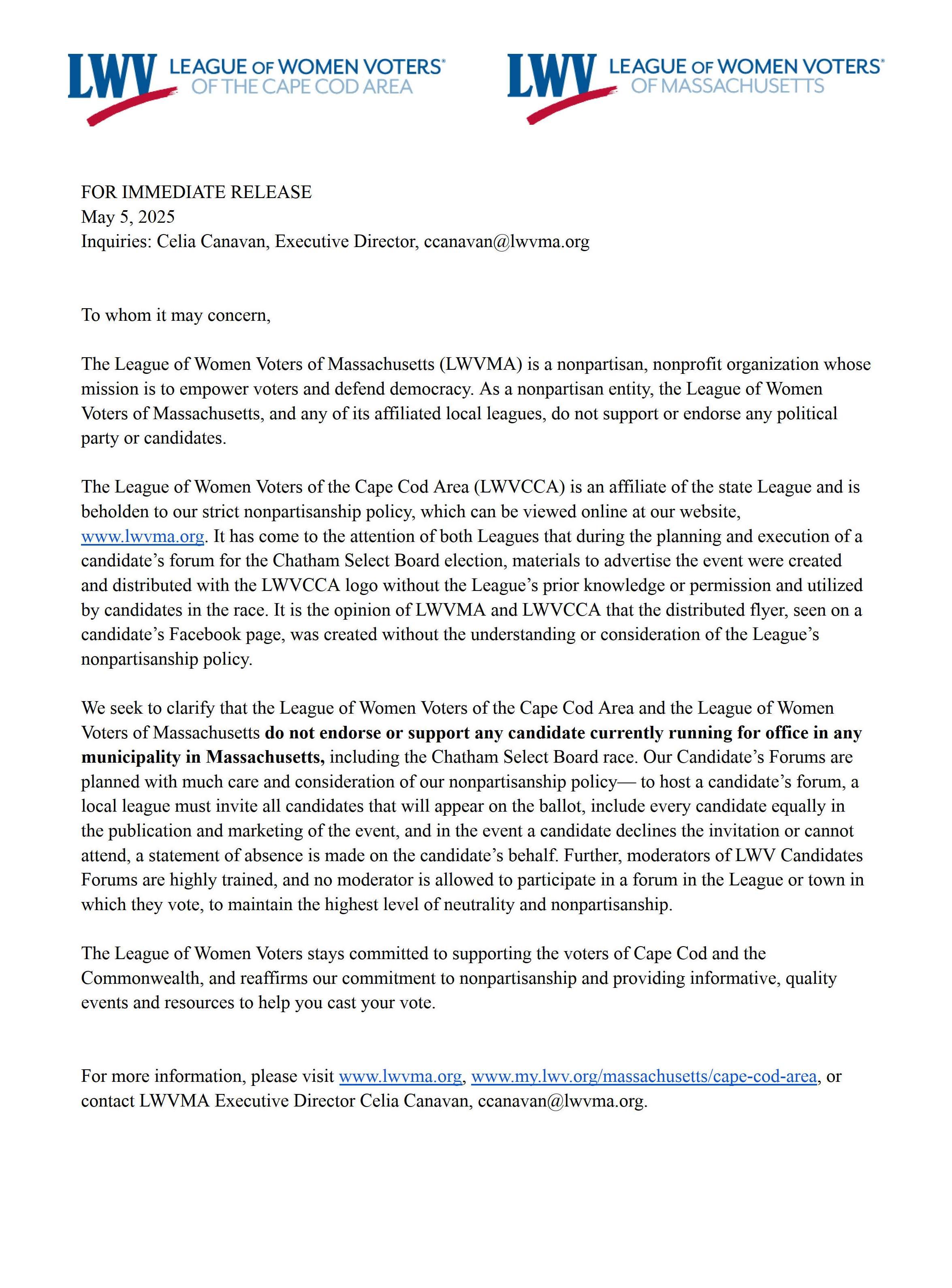 LWVMA and LWVCCA make clear their position on the League's Non-Partisan Position in light of the League logo being used without permission"