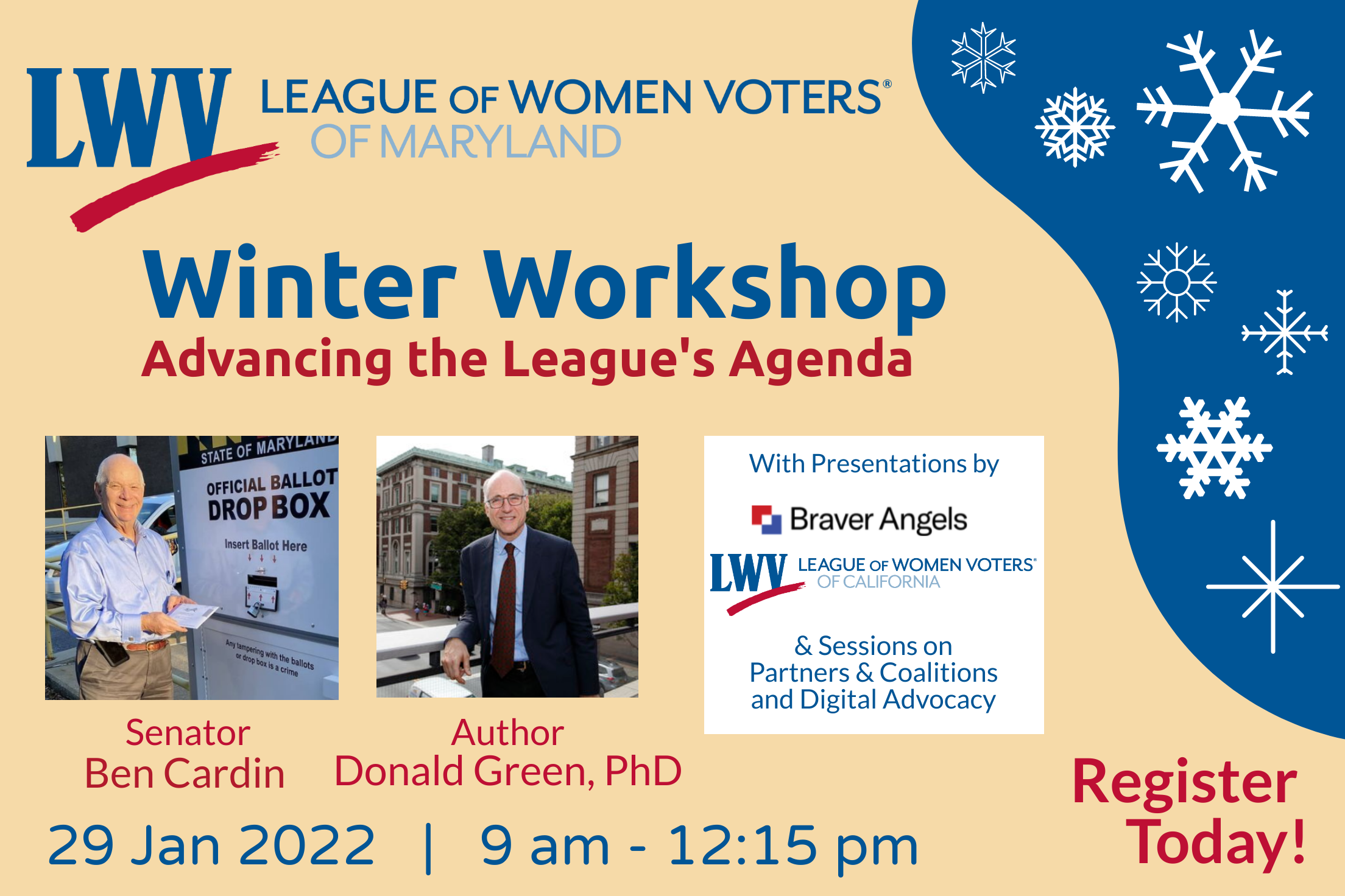 Graphic of LWVMD Winter Workshop, Jan 29, showing speakers 
