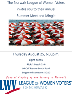 Beach umbrellas with text details for the Summer Meet & Mingle, 8/25/22