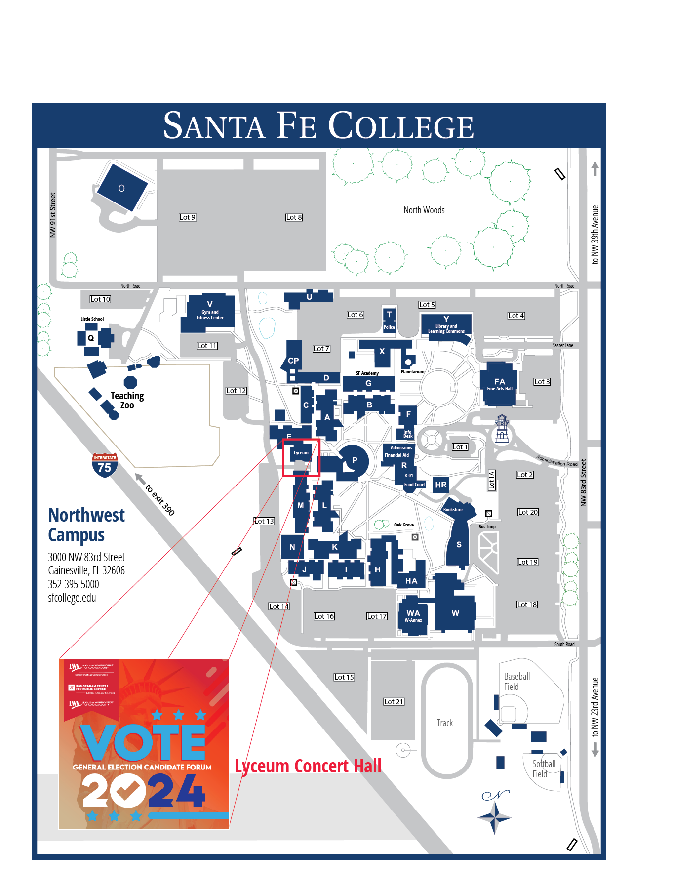 Santa Fe College parking map highlighting the Lyceum Concert Hall