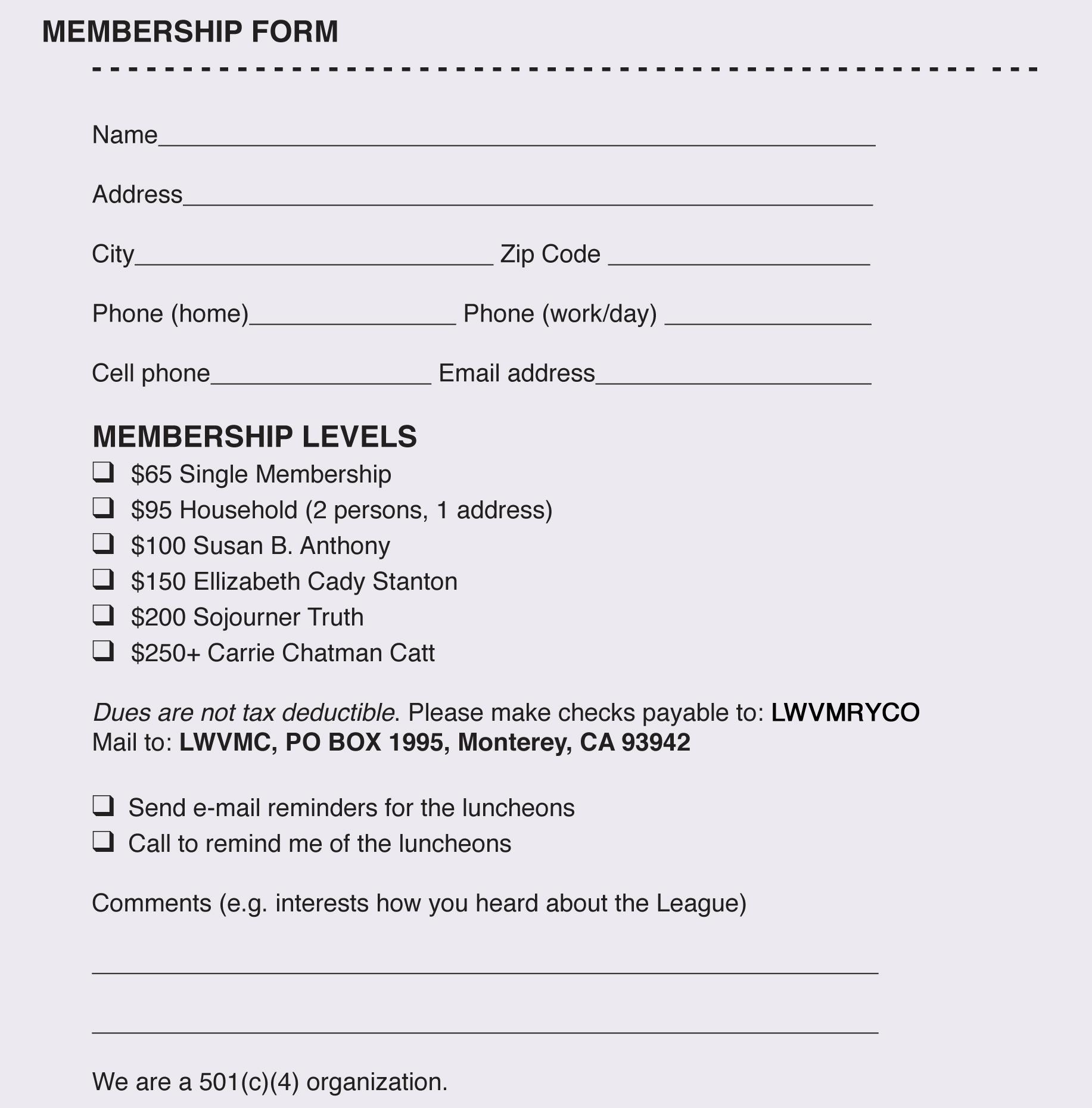 Printable Membership Form