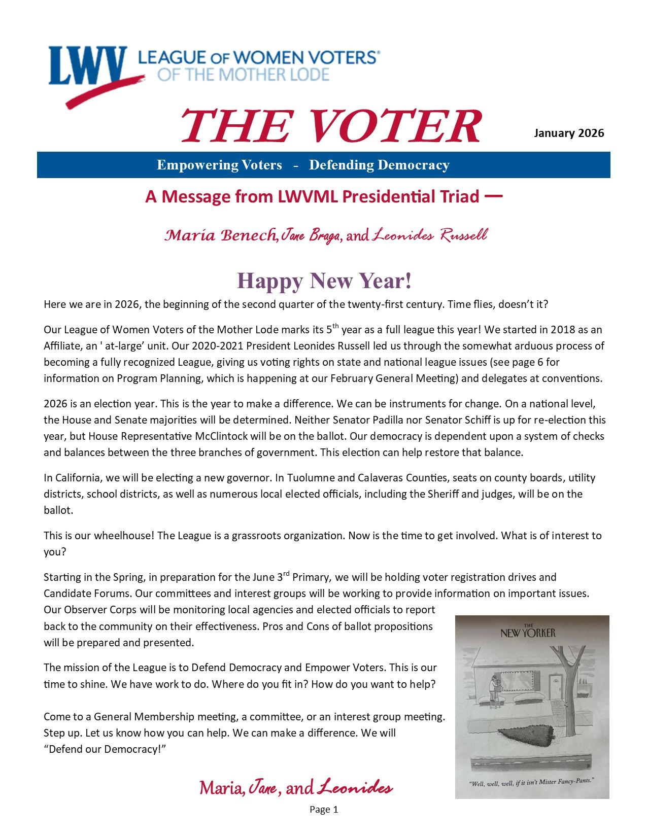 LWVML President's Message for January 2026