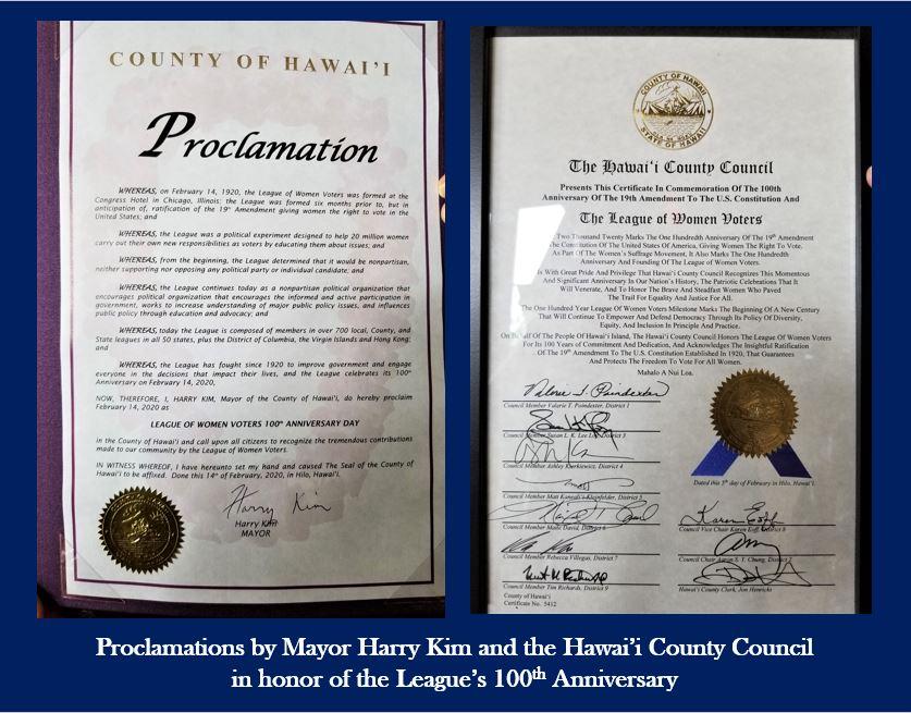 LWVHC Proclamations by Mayor and Hawai'i County Council on 100th Anniversary