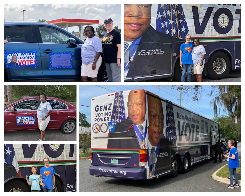Collage of 5 photos of LWVAC members with the Make Good Trouble bus and decorated cars