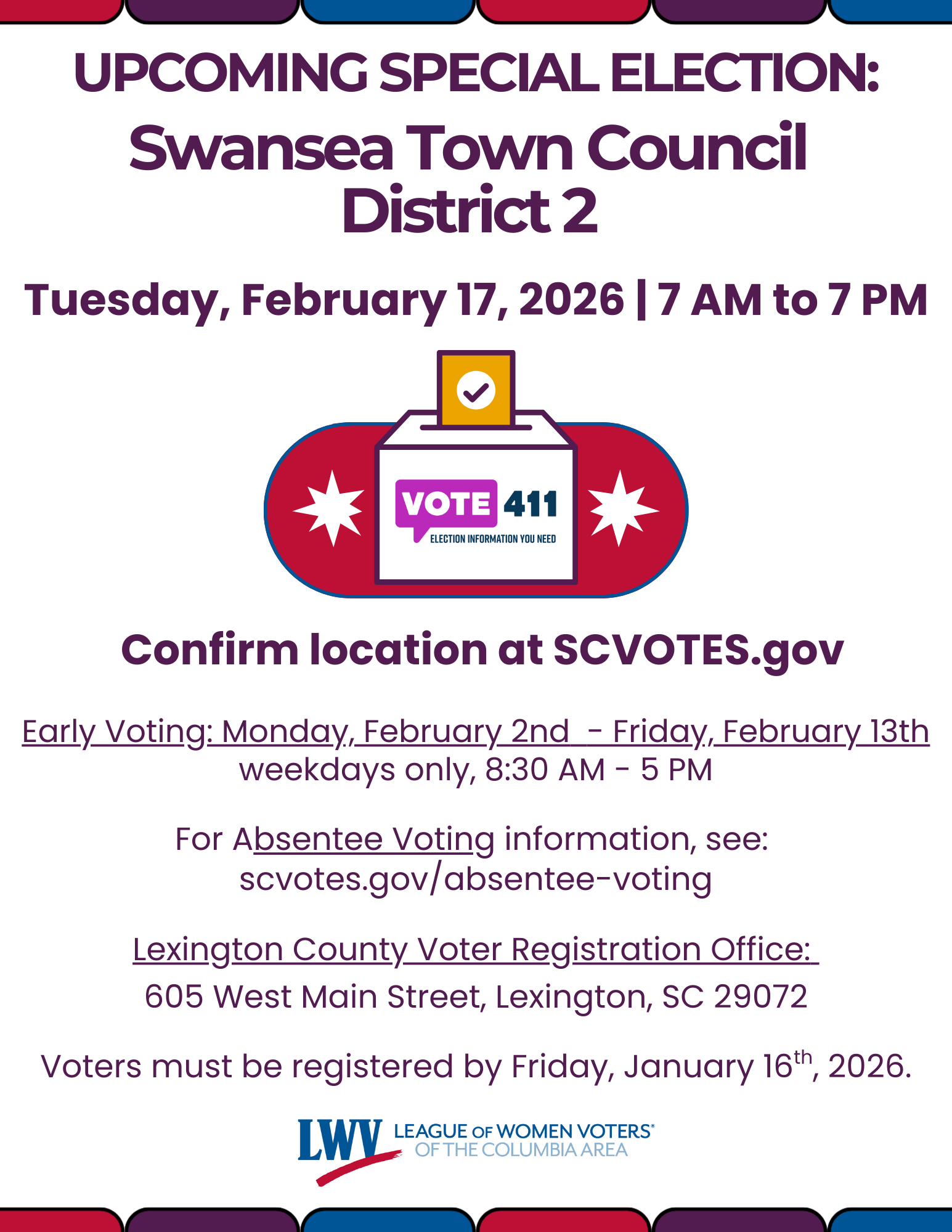 Flyer with information on Swansea upcoming special election