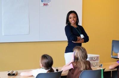 teacher in dark blue top