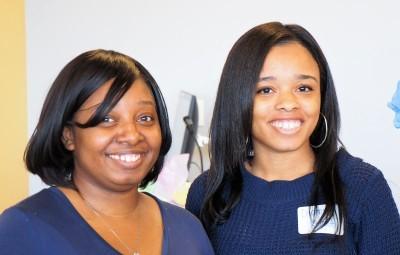 two women in blue