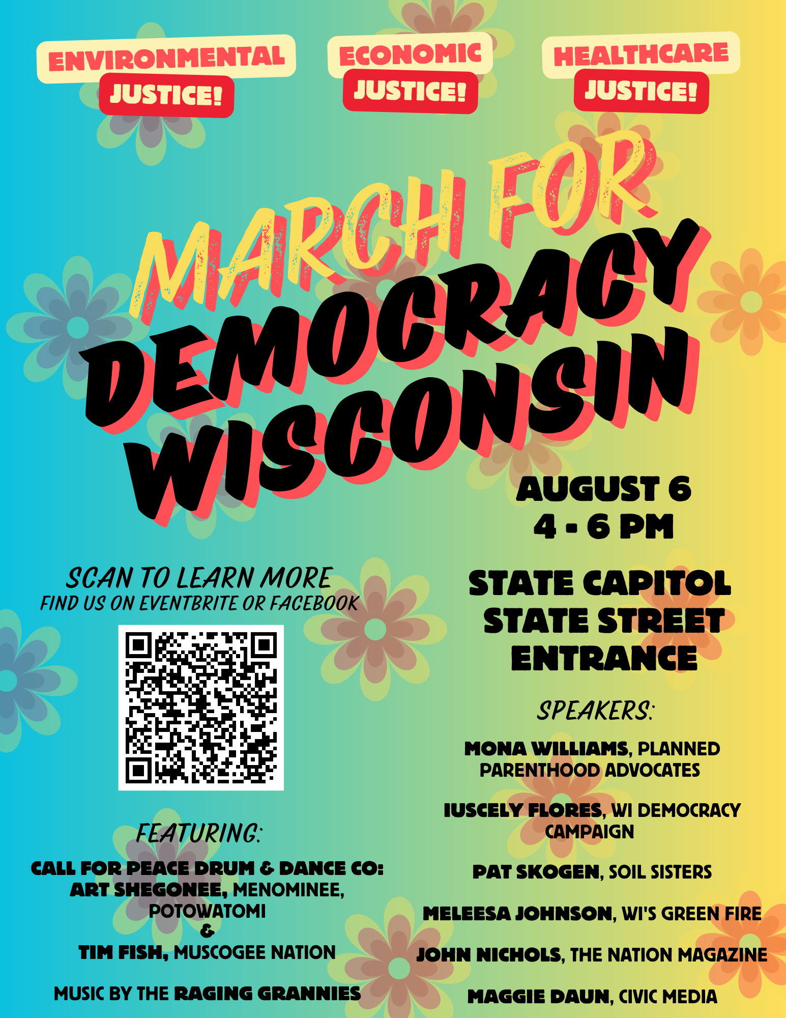 March For Democracy Wisconsin ●Land acknowledgement and opening: Art & Dawn Shegonee with Tim Fish, Call For Peace Drum & Dance Co  ●Mona Williams, Planned Parenthood Advocates of Wisconsin  ●iuscely flores, Wisconsin Democracy Campaign Racial Equality an