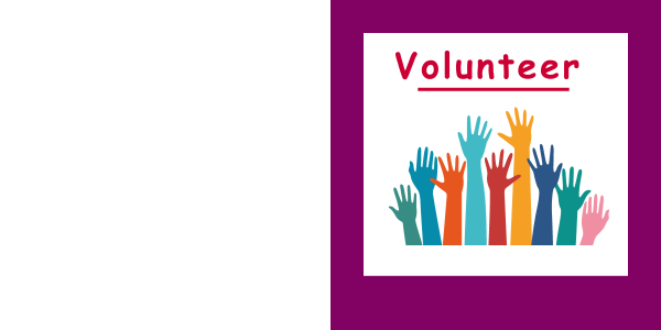 Volunteer in red text on white background with purple board and multicolored raised hands