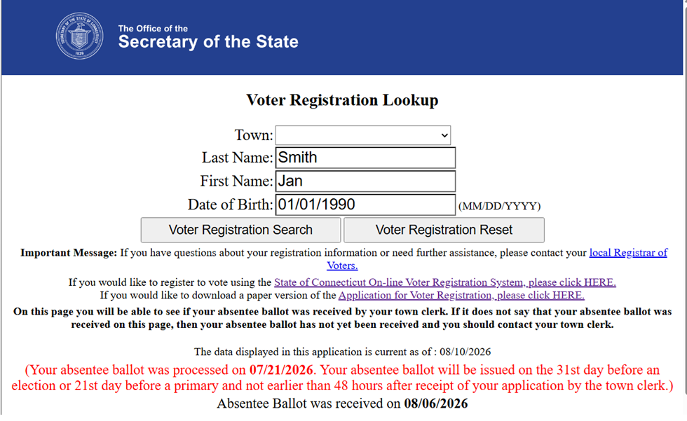 CT Absentee Ballot Confirmation of Receipt