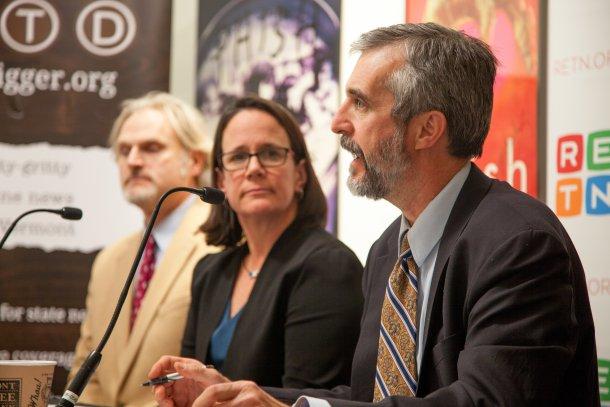 David Mears, director of the Environmental Law Center at the Vermont Law School, at VTDigger’s panel on water quality. At left, Chris Kilian of the Conservation Law Foundation and Agency of Natural Resources Secretary Julie Moore. Photo by Mike Dougherty/