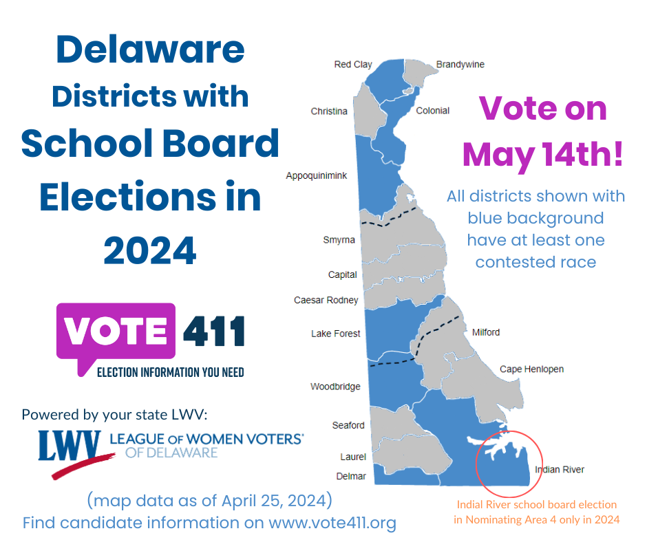 (a Delaware school district map is shown; all districts shown with blue background have at least one contested race)