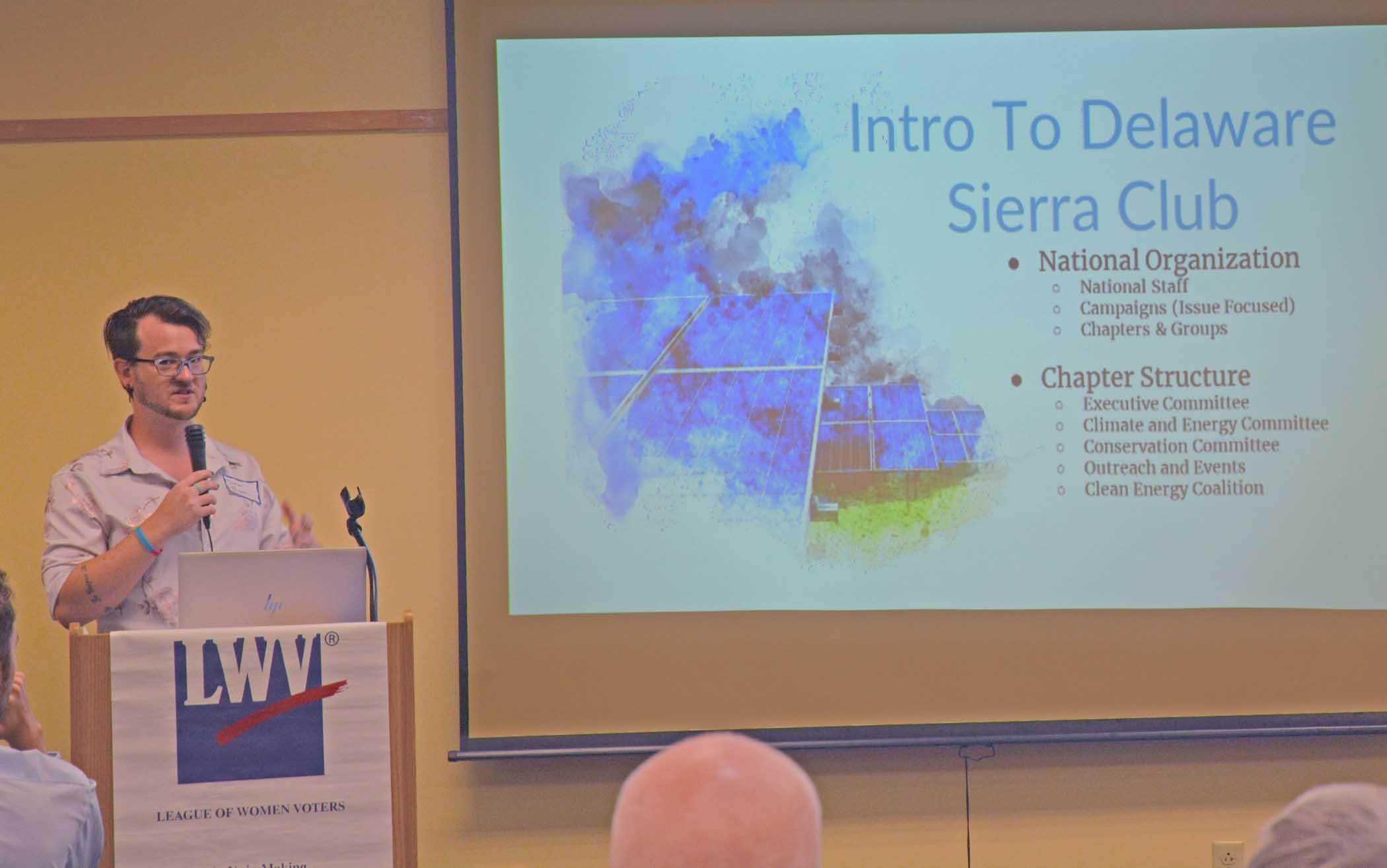 Dustyn Thompson provides the keynote address at the 2023 LWVNCC Annual Meeting Speaker Dustyn Thompson, "Intro to Delaware Sierra Club" slide