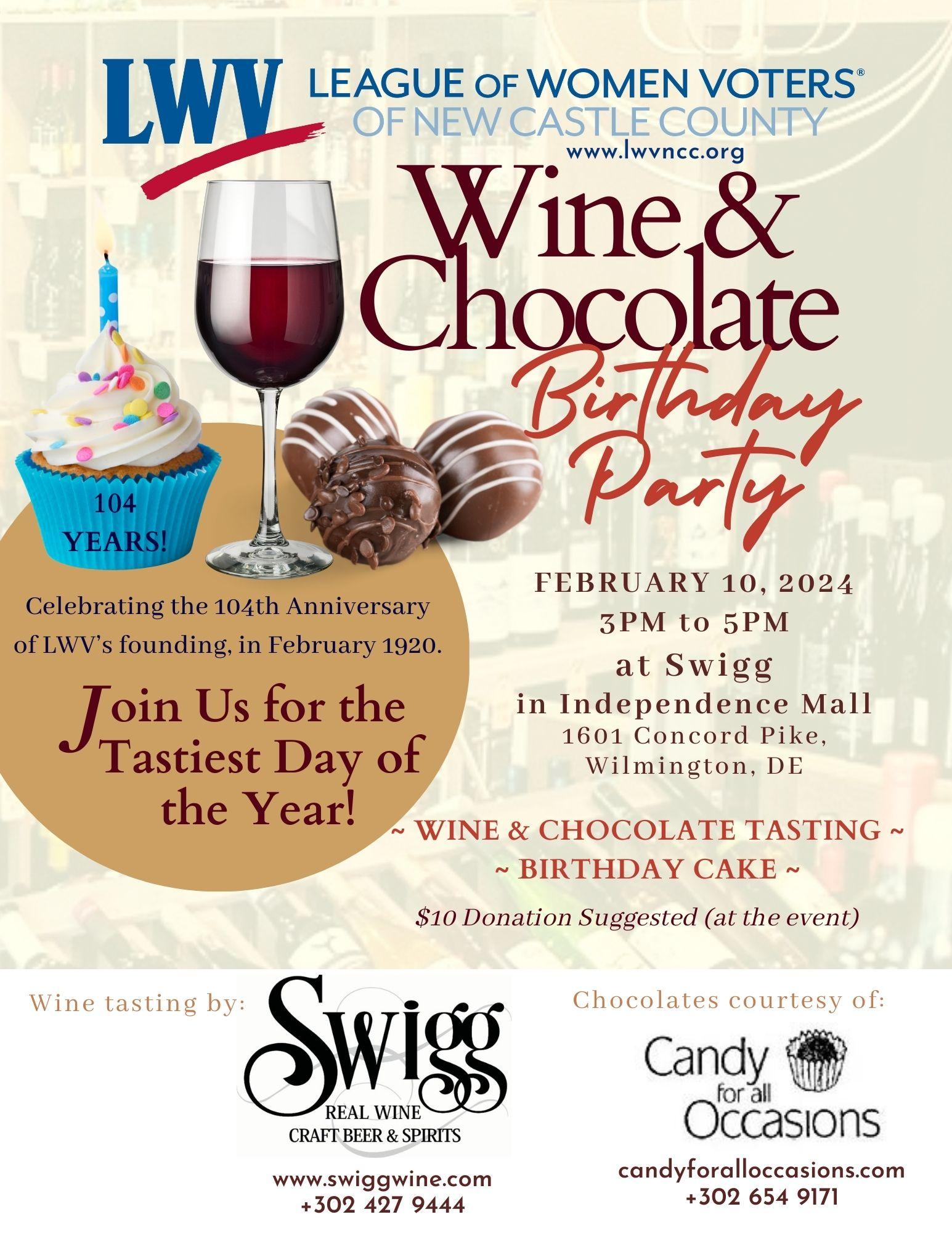 LWVNCC Wine & Chocolate Birthday Party full event flyer