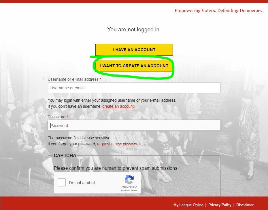 MyLO registration page "I WANT TO CREATE AN ACCOUNT" button shown highlighted