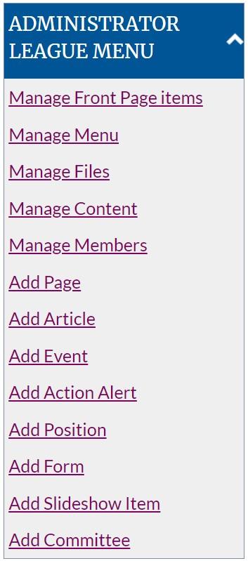 Administrator League menu, expanded