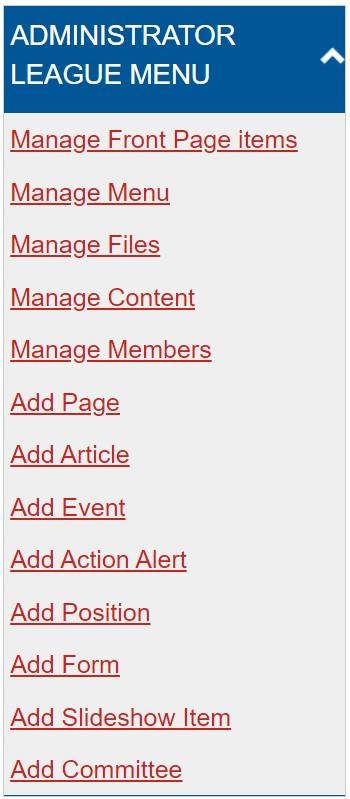 Administrator League menu, expanded