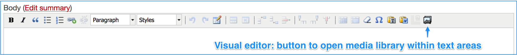 Visual editor, pointing to putting used to open the media library in the body area