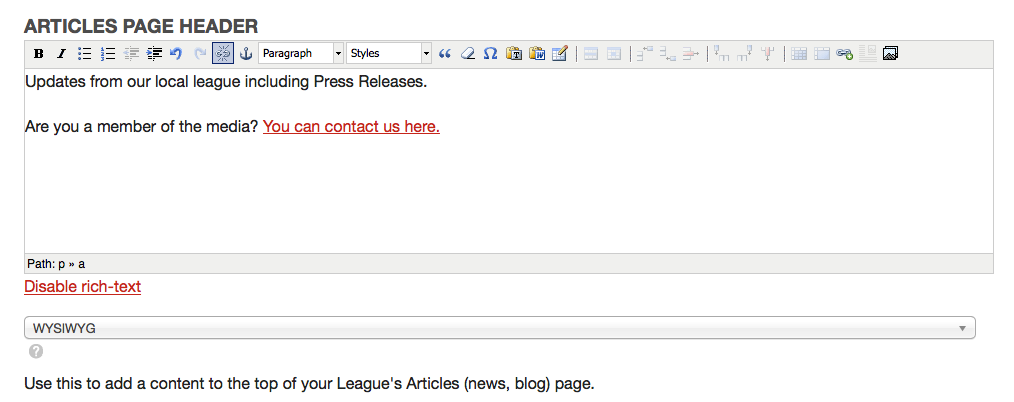 Entering custom header text for the Articles page.