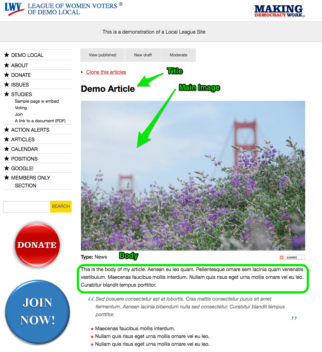 Your published article will show the Title, Main Image and Body fields. The Summary field is only used for searches and social media posts. Example of Title, Summary and Body on a published article