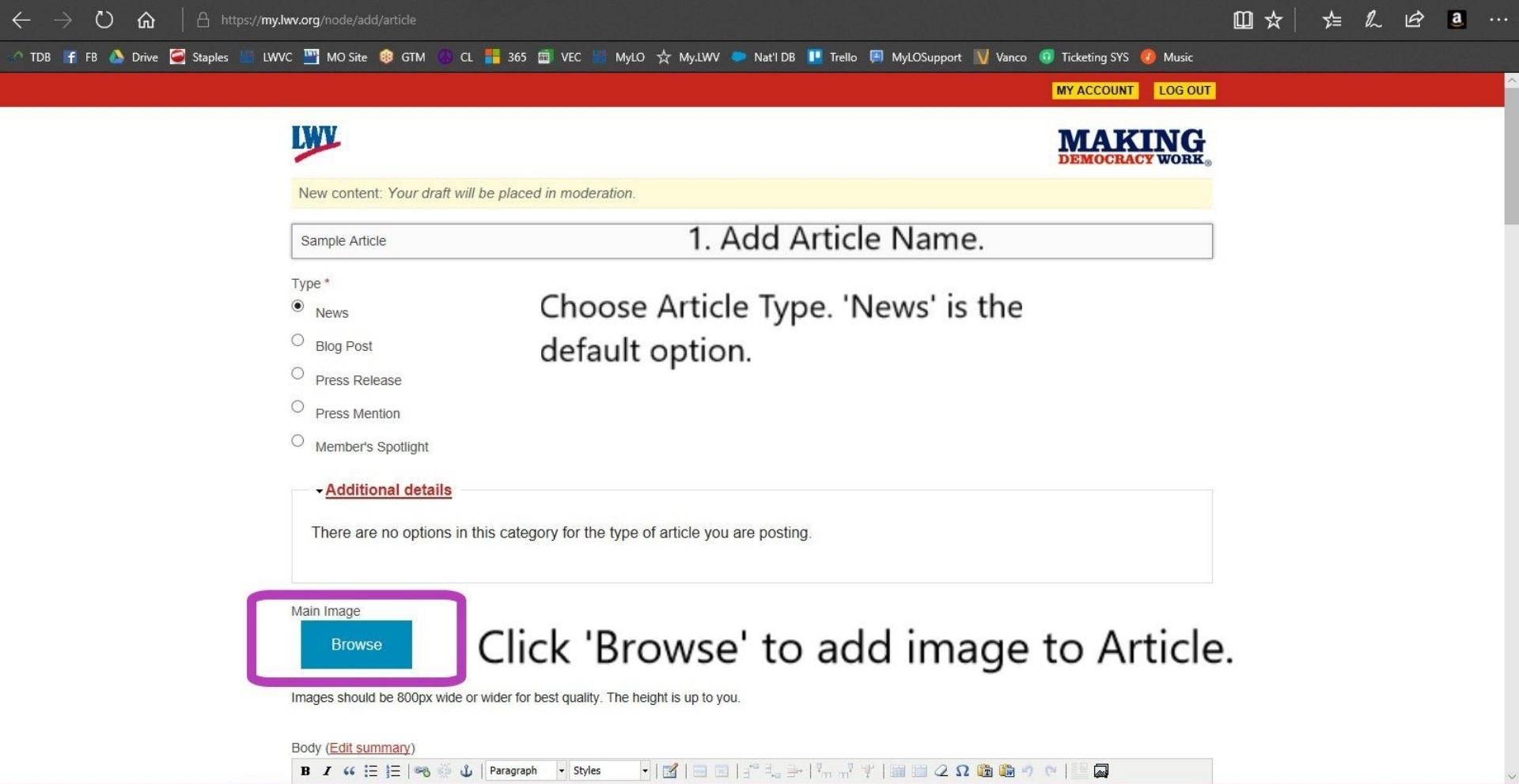 Create Article - add title, choose type, &amp;amp; main image