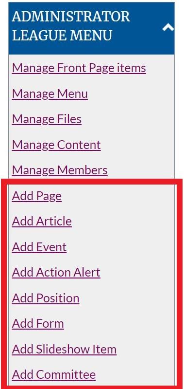 Create/Add new content links highlighted