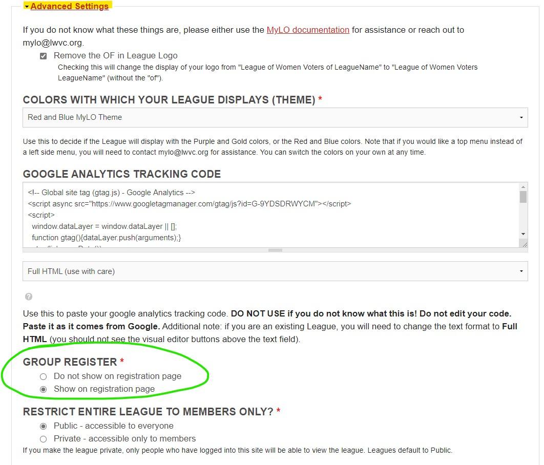 Group Register field, Advanced Settings on Homepage editing form