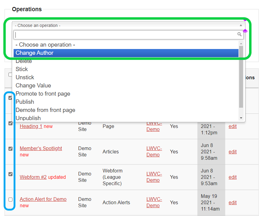 Operations menu for Manage Content, Change Author selected