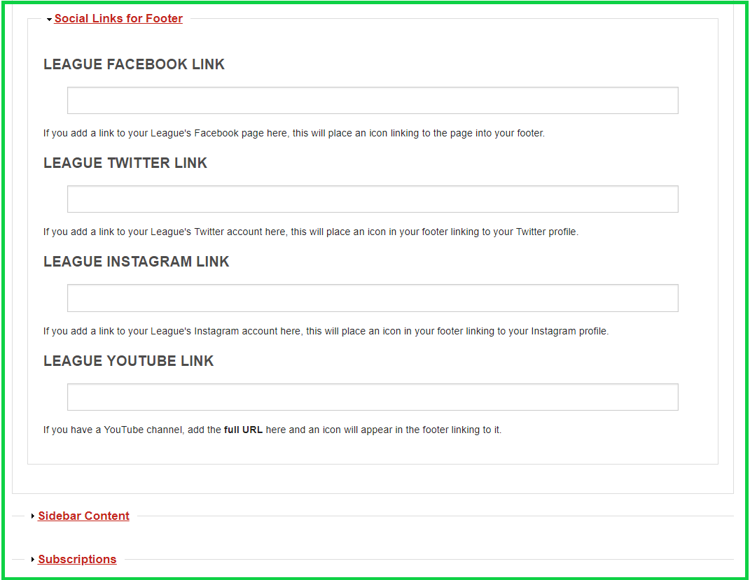 screenshot of Social Links for Footer from homepage editing form