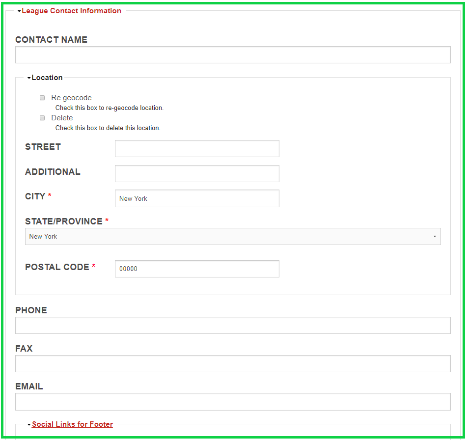 screenshot of League Contact Information section from Homepage editing Form