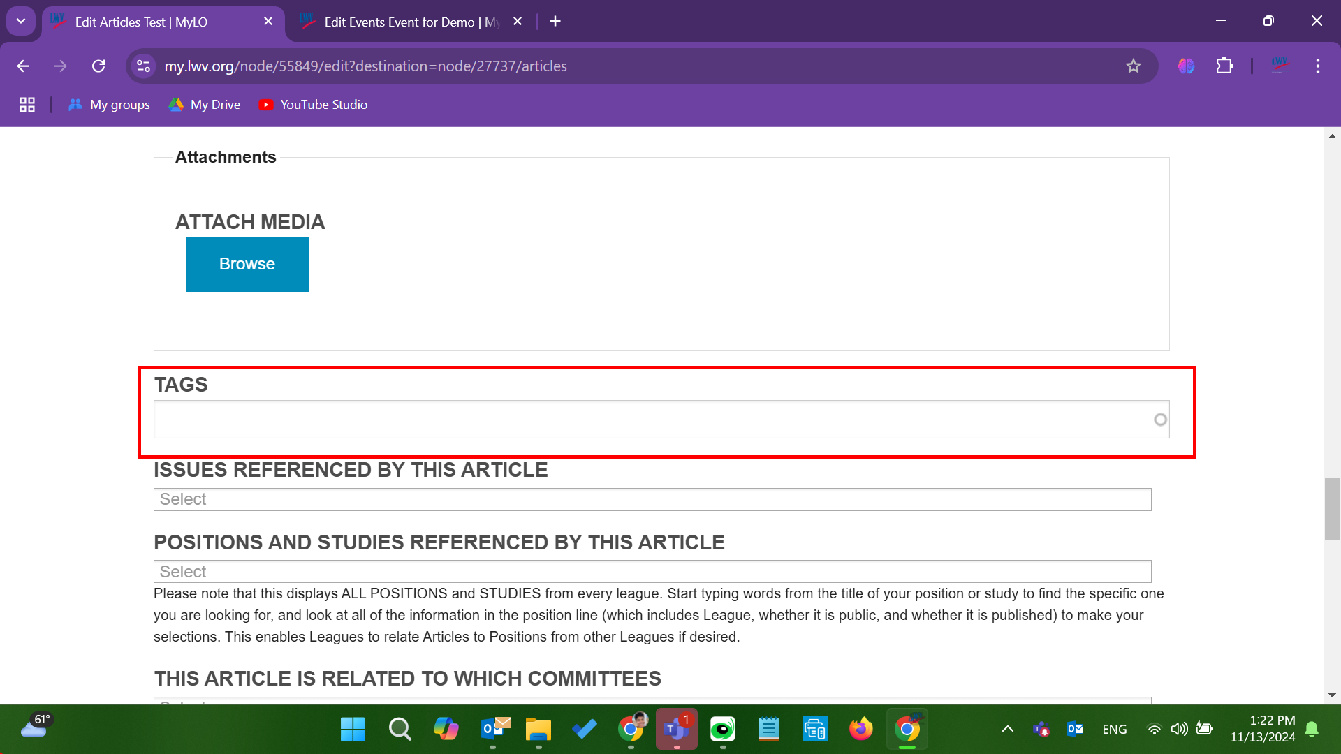Screenshot of Articles editing form, focus on Tags