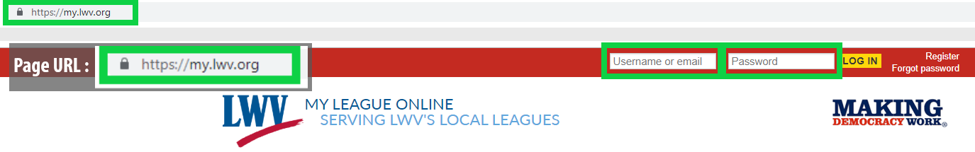 Screenshot of red login bar at https://my.lwv.org