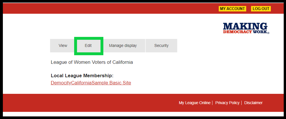 Screenshot of My Account screen at https://my.lwv.org