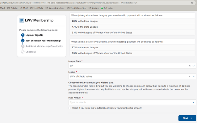 Screenshot of portal.lwv.org for LWV Diablo Valley