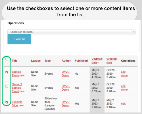 Use the checkboxes to select one or more content item(s).