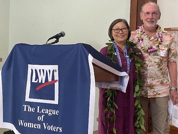 Retired Judge Daniel Foley with LWV Hawaii President Donna Oba after speaking at the 2023 State Convention