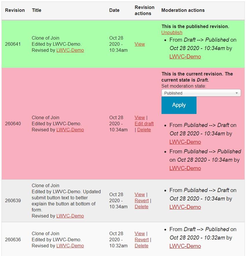 Viewing Moderate tab - published and draft revisions