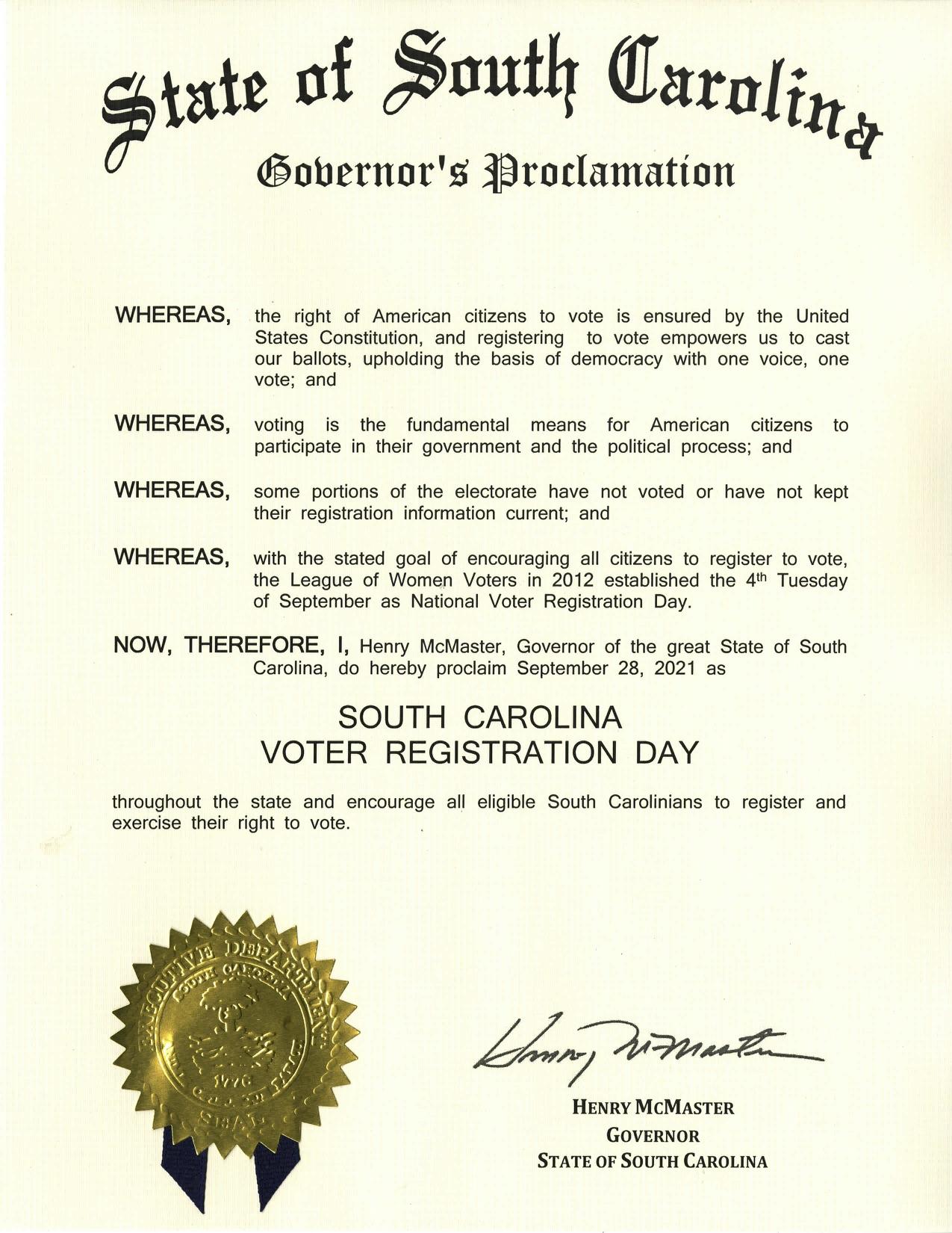 SC Gov. proclaims Sept 28 Voting Day 