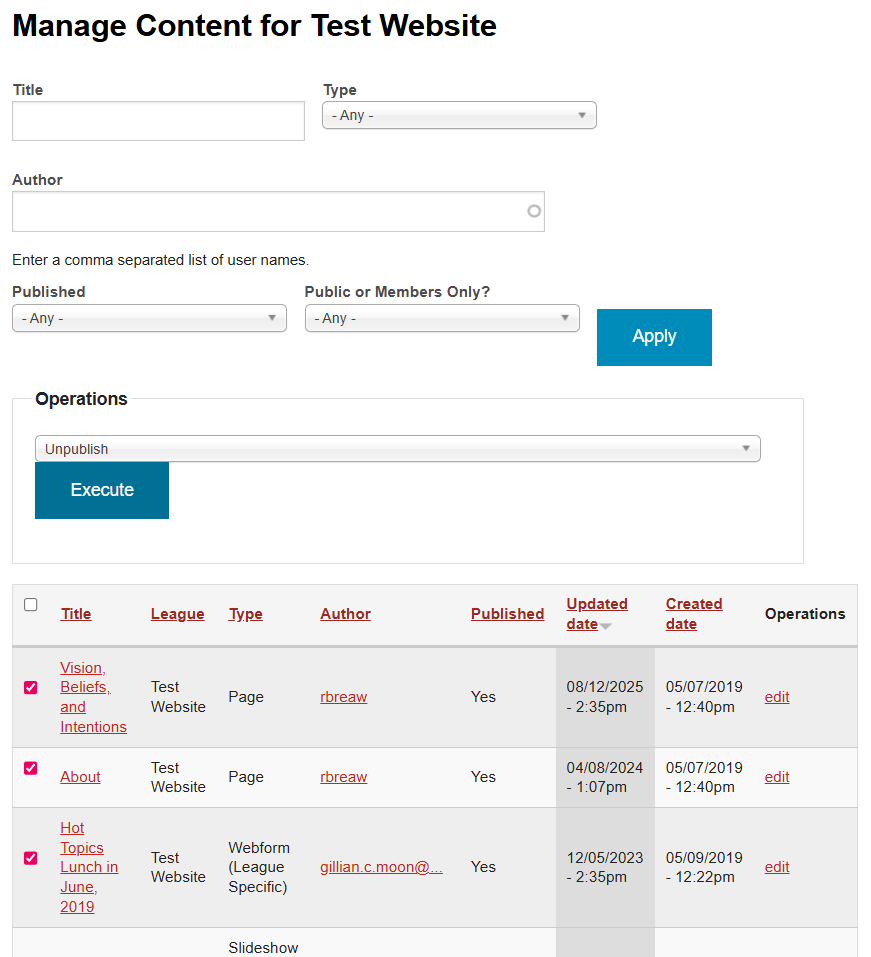 Using Operations Menu on Manage Content