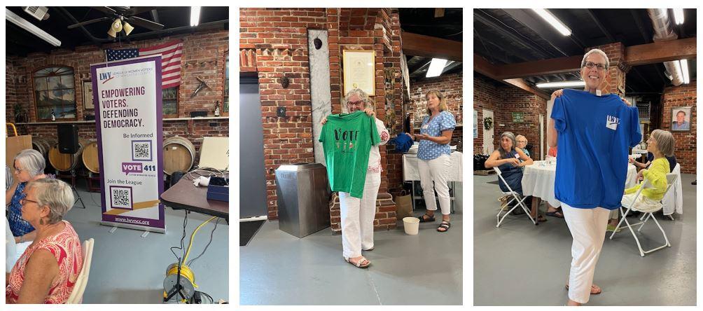 Three images shown - a retractable LWVNCC banner and two "vote!" t-shirts with their winners