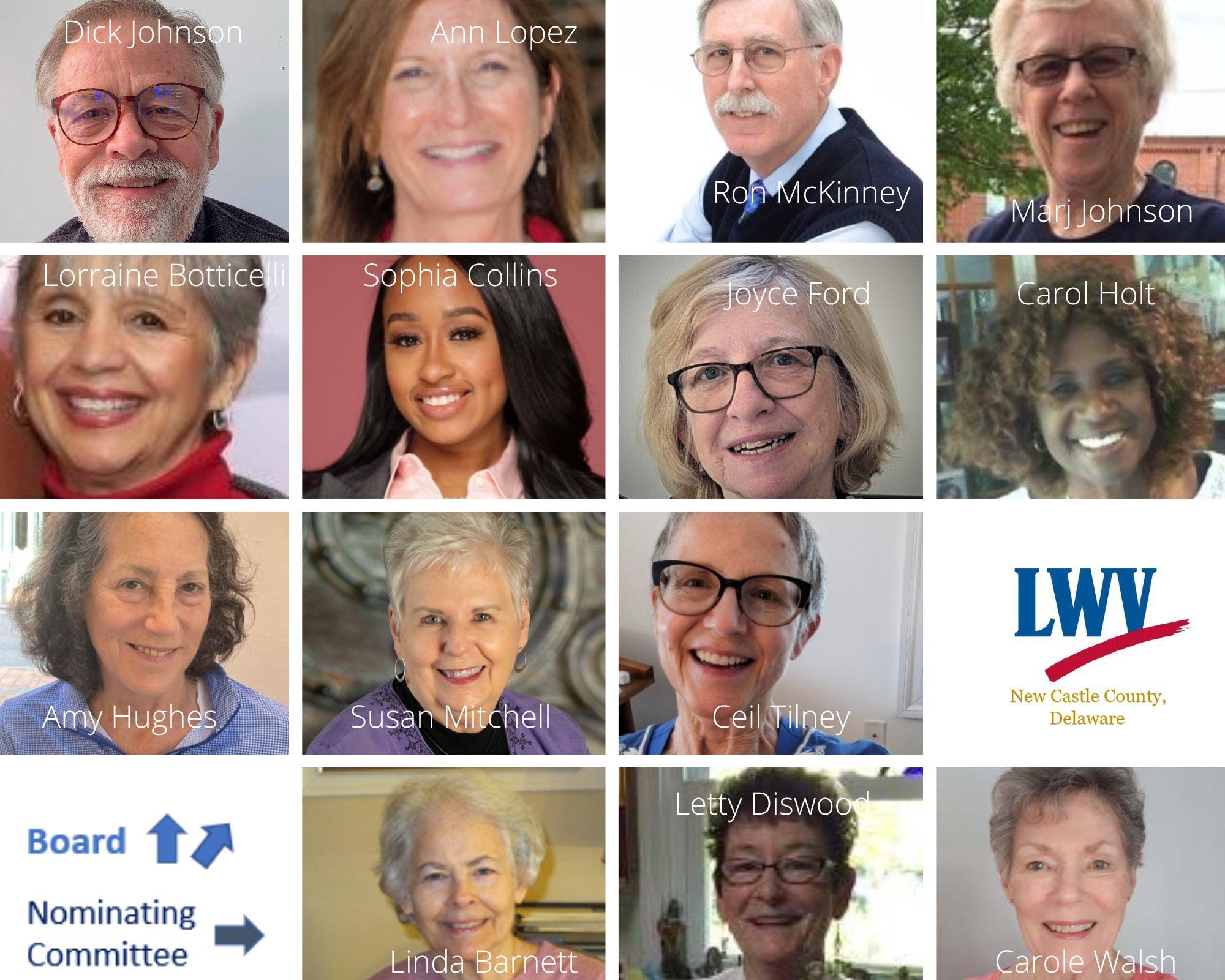 LWVNCC Board Members as of July 2024. 14 individual faces are shown in a grid pattern.