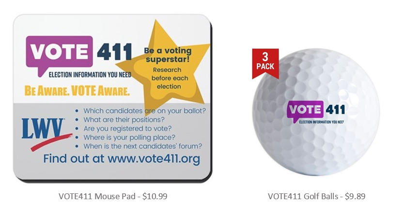 VOTE411 mousepad and golf ball are shown